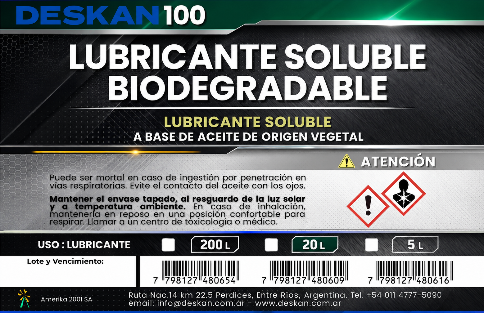 Etiqueta Deskan 100 lubricante soluble biodegradable