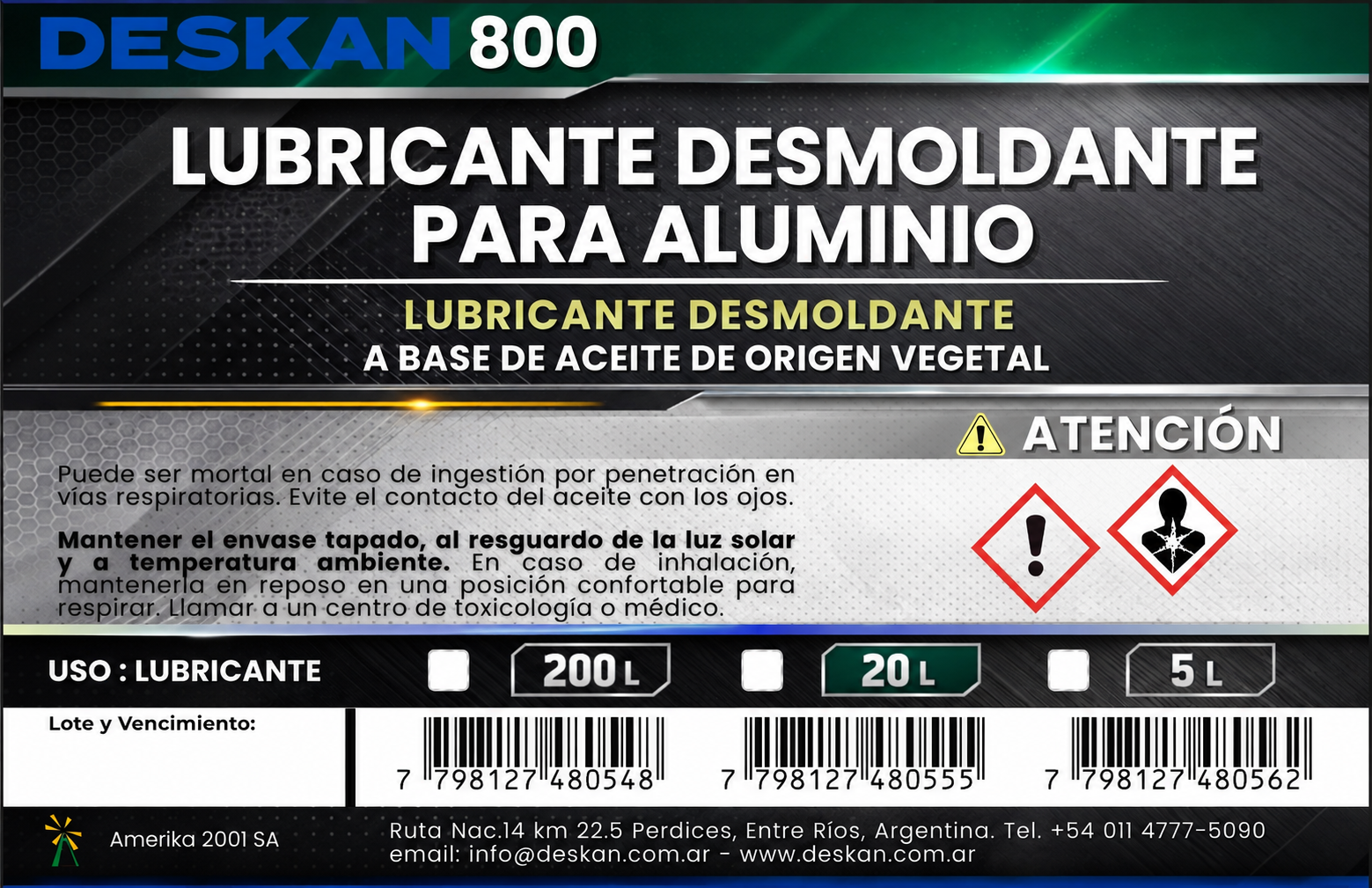 Etiqueta Deskan 800 lubricante desmoldante para aluminio
