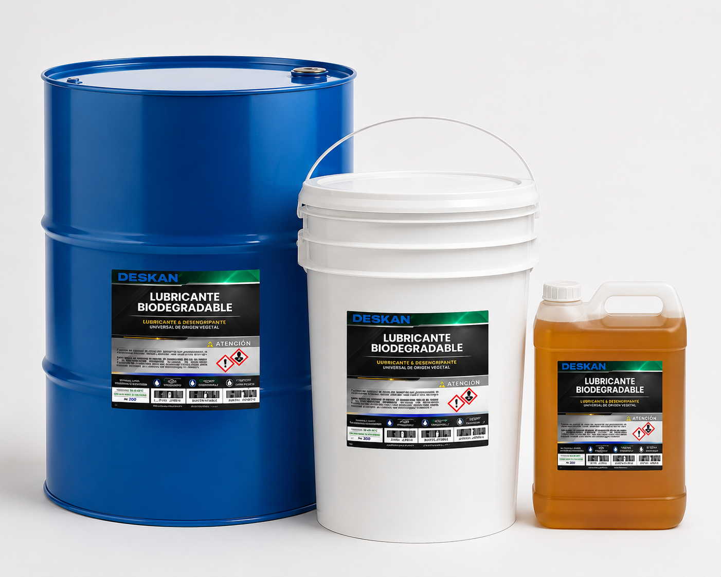 Presentaciones de productos Deskan de 200 litros, 20 litros y 5 litros